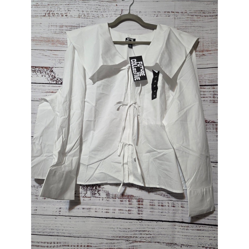 Future Collective Women 3X White Cotton Sailor Collar Tie Front Blouse NWT